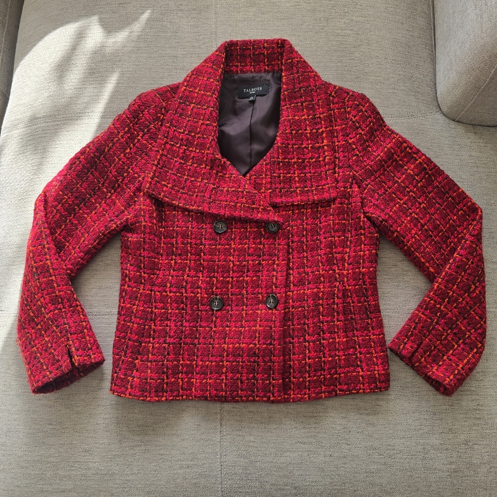 Talbots Red & Pink Tweed Cropped Peacoat Jacket Sz 10P - Picture 1 of 12